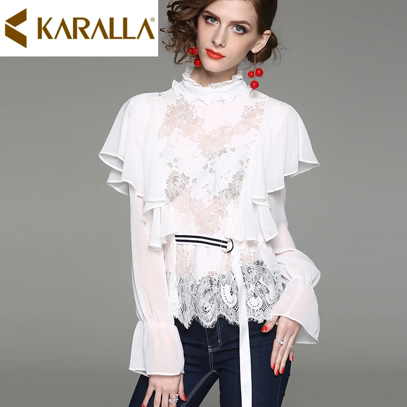 Sexy Perspective Falbala Ladies Blouse Lace Patchwork Ruffled Lantern Sleeve Pure Color Women C594 | Женская одежда