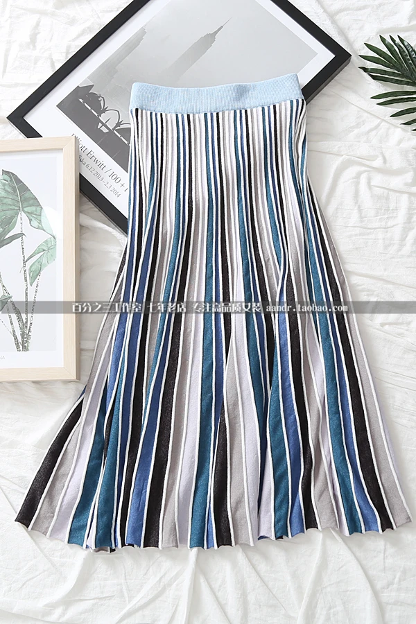 

FREE SHIPPING Fashion fold STRIPED pleated skirt of tall waist pleated skirts IN STOCK