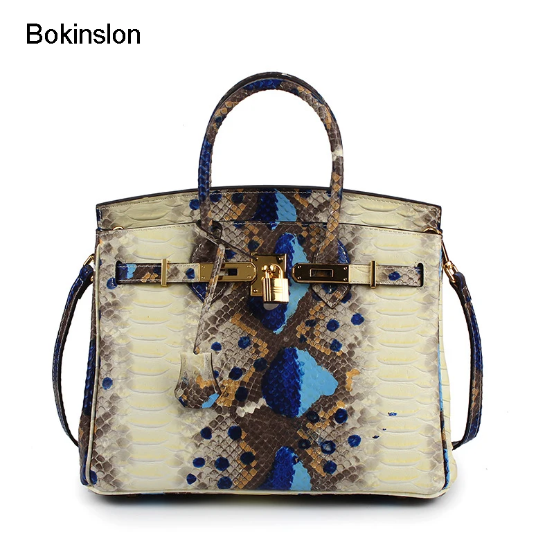 

Bokinslon Woman Big Handbags Split Leather Embossed Ladies Shoulder Bags Serpentine Fashion Women Crossbody Bag