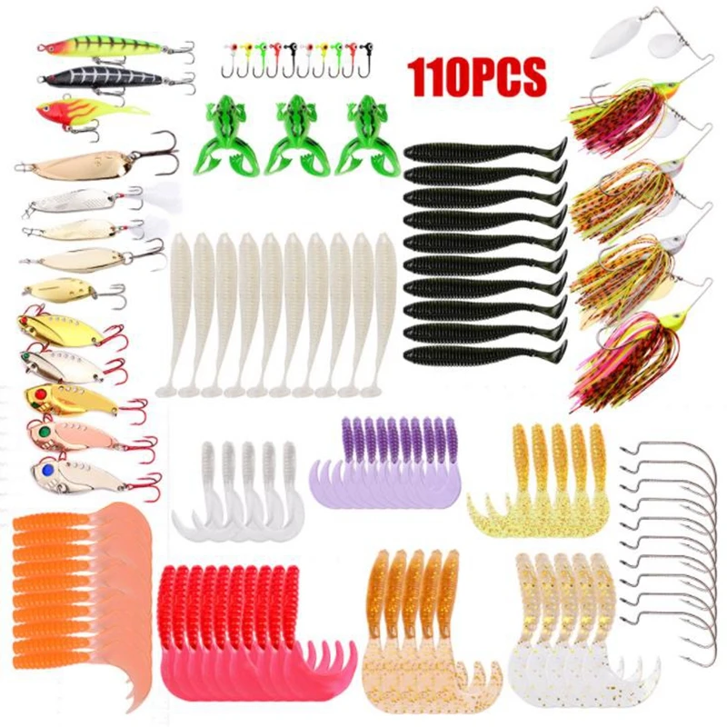 

110pcs/Suit Mixed 8 Type Artificial Bait For Soft Worm Lead Hook Crank Hook Spoon and Frog Leurre Souple Fishing Tackles