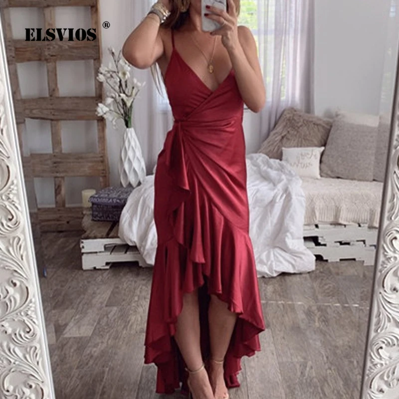 

ELSVIOS Women Sexy across v neck Backless ruffles Dress Summer mermaid maxi dress 2019 Lady long dress Elegant bodycon club dres
