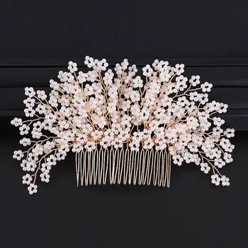 

Gold Handmade Flower Crystal Pearl Noiva Hair Combs Bridal Wedding Hair Accessories Headband with Comb Bride Tiara Head Jewelry