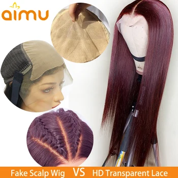 

Burgundy 13*6 Fake Scalp & HD Customized 99J Dark Red Colored Invisible Lace Front Real Human Hair Dyed Wig Remy Brazilian Aimu