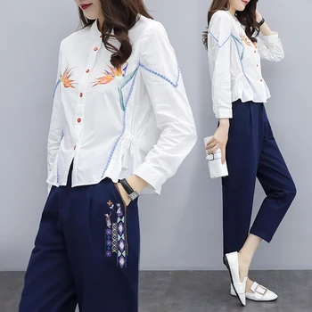 

Embroidered Two Piece Set Top And Pants Casual Tracksuit Floral Ensemble Femme Deux Pieces Conjunto Feminino Women's Costumes
