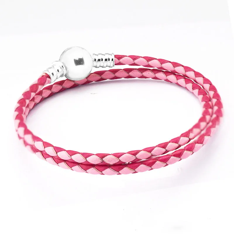 

2017 New Summer Moments Double Woven Leather Bracelet - Pink Mix 925 sterling silver jewelry Fits charms European DIY