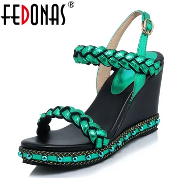 

FEDONAS 2019 Summer New Fashion Sweet Round Toe Women Wedges Rivet Decoration Women Sandals Genuine Leather Party Shoes Woman