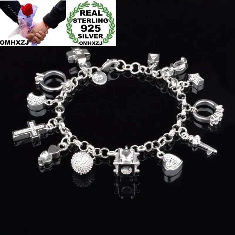 

OMHXZJ Wholesale Personality Fashion OL Woman Girl Party Gift Silver Star Heart Ring Charm 925 Sterling Silver Bracelet BR62