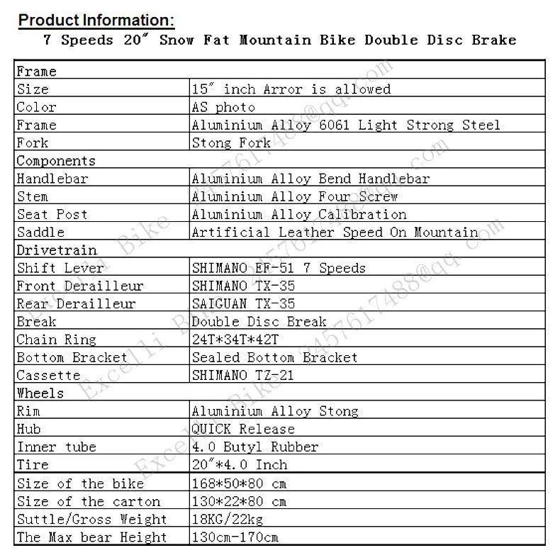 20- 7 Speed Bicicleta Montanha 26 4 Inch Widen Tire Mountain Bicicletas Terrain Bicicleta Snow Bicycle Fat Bike
