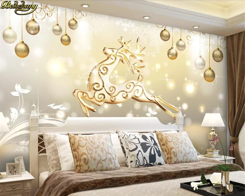 

beibehang Custom photo wallpaper mural Christmas elk 3d three-dimensional golden soft bag jewelry TV background wall