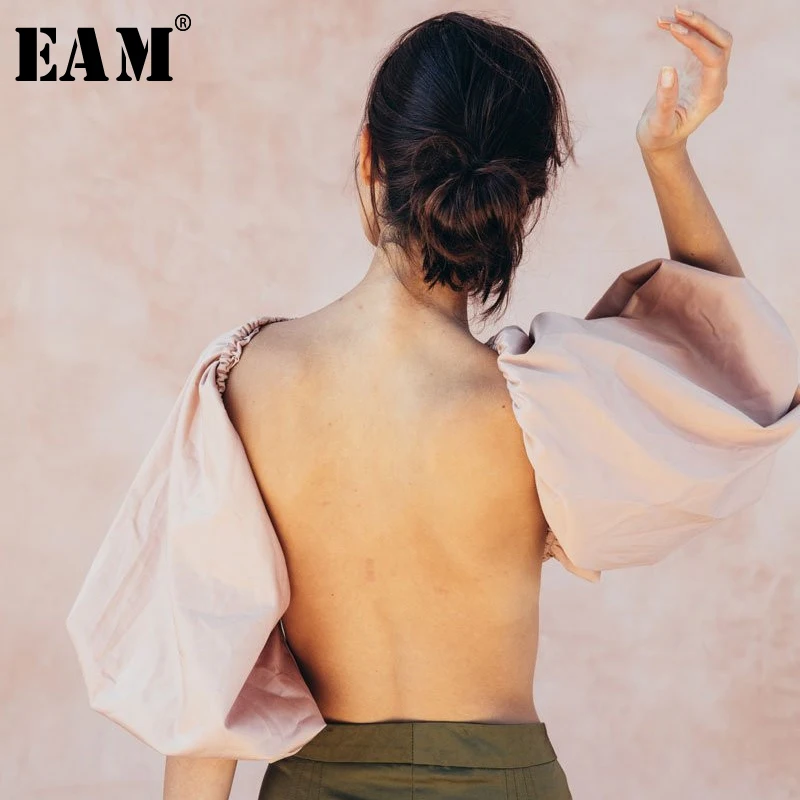 

[EAM] 2019 New Spring Summer Lapel Long Lantern Sleeve Backless Split Joint Short Sexy Shirt Women Blouse Fashion Tide JW883