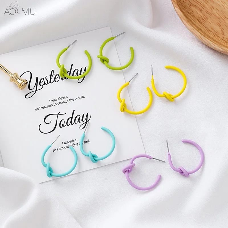 

AOMU Summer Fashion Knotted Irregular Semicircle C-shaped Candy Color Enamel Stud Earrings for Women Girl Jewelry Brincos