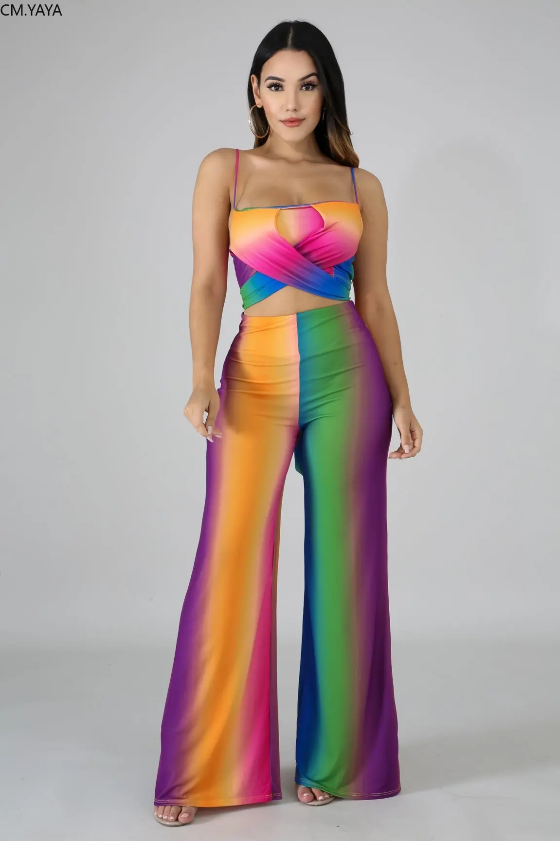 

2019 Women summer rainbow stripes spaghetti strap crop top straight pants suit two piece set beach sexy tracksuit outfit GLY174