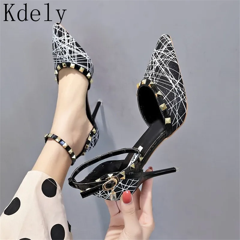 

Women High Heels Plus Size 34-39 Pumps Ankle Strap rivets Shoes Female Piece Sexy Party Wedding Pointed Toe shoes