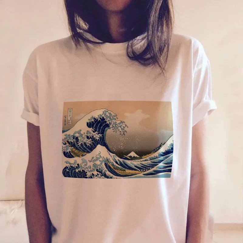 تي شيرت فان جوخ مضحك الأبيض بلايز المتناثرة النساء قصيرة الأكمام المحملات الرسم قمم خمر اليابانية قمم