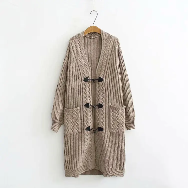 Black Más Tamaño blue Cardigan Señora Mujer Bolsillo Mujeres Giro Larga Otoño 2018 Punto Suéter Invierno Oversized khaki Delgado De Cardigans Botton qxwIHU