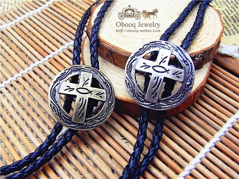 Bolo Tie Retro shirt chain Poirot led rope leather circle cross necklace Long tie hang