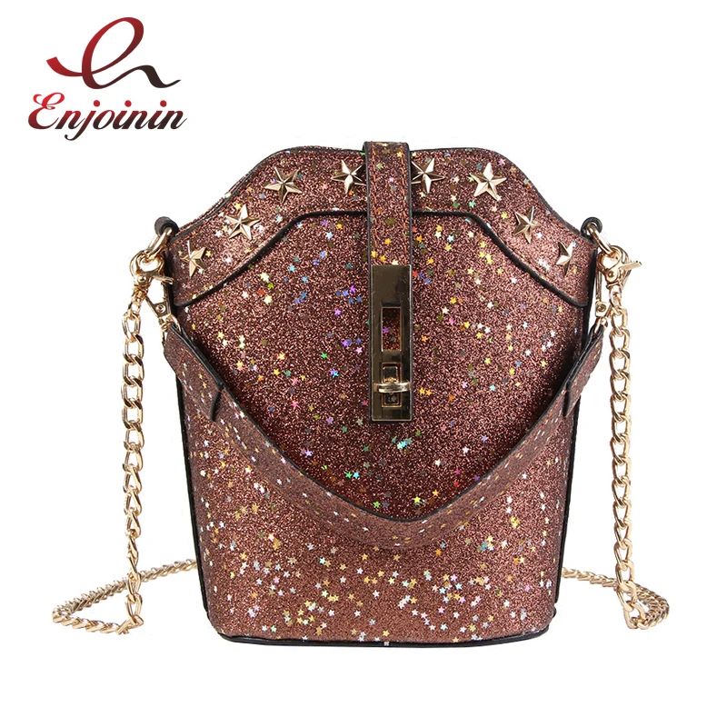 

Casual Fashion Sequins Stars Rivets Girl's Bucket Bag Handbag Chain Purse Female Shoulder Bag Crossbody Mini Messenger Bag Pouch