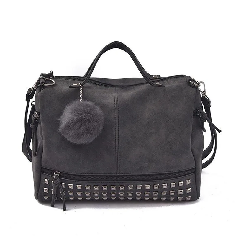  Vintage Nubuck Leather Ladies Handbags Rivet Larger Women Bags Hair Ball Shoulder Bag Motorcycle Me - 32950604939