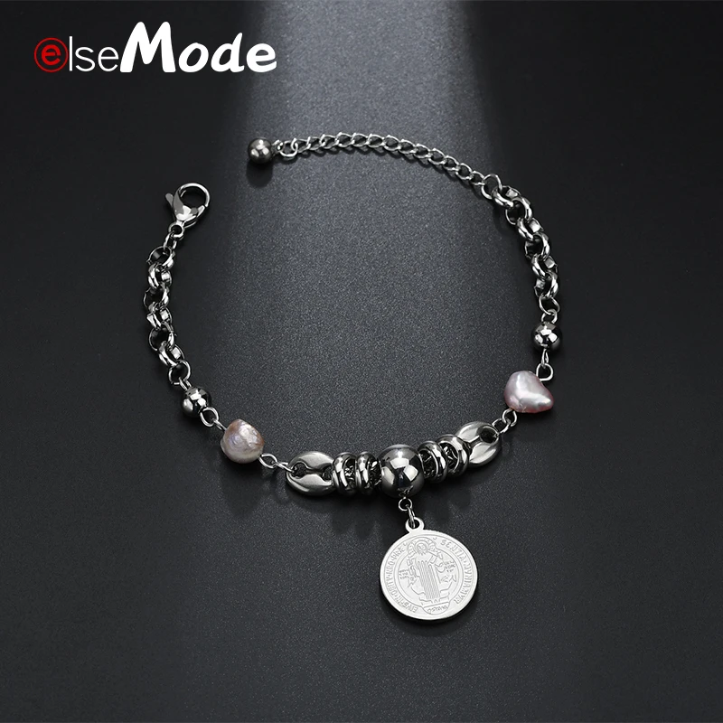 

ELSEMODE Religious Saint Benedict of Nursia Catholicism Adjustable Pearl Bracelets&Bangle Stainless Steel for Women Cute Jewelry
