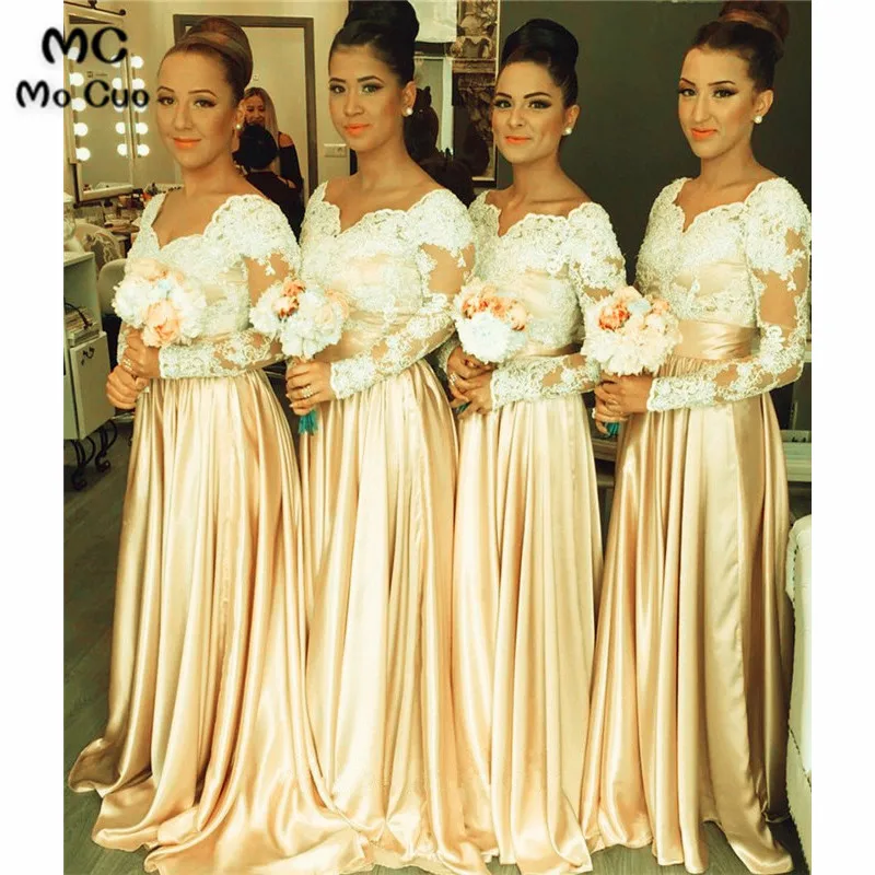 Modest Lace Long Sleeves Satin Bridesmaid Dresses3