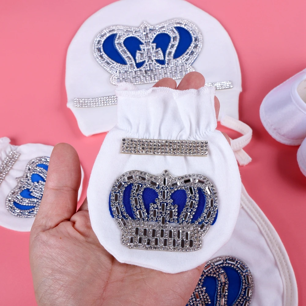 0-3 Month Newborn Baby Gloves Cotton White Color Rhinestone Crown Boy Mitten Baby Anti Scratching Gloves and Mittens