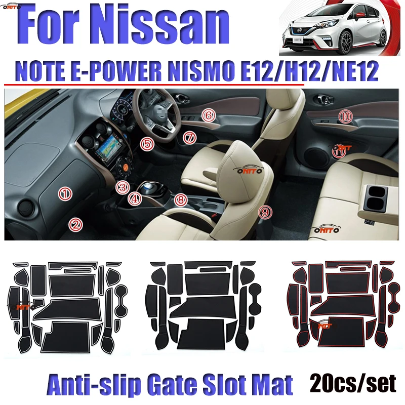 

Good Quality 20pcs/set Rubber Gate Slot Mat For Nissan NOTE E-POWER NISMO E12/H12/N12 NON SLIP Door Groove Mat Covers