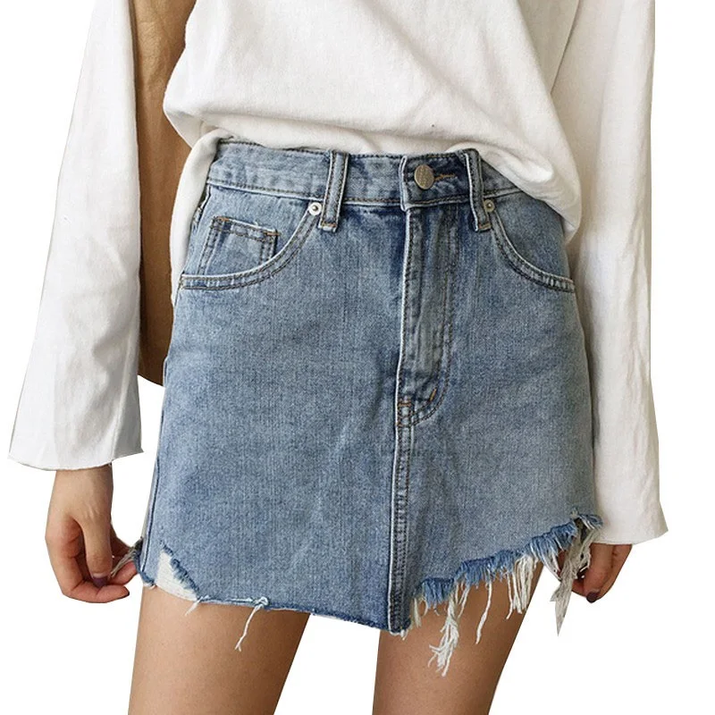 

Summer Jeans Skirt Women High Waist Jupe Irregular Edges Denim Skirts Female Mini Saia Washed Faldas Casual Pencil Skirt