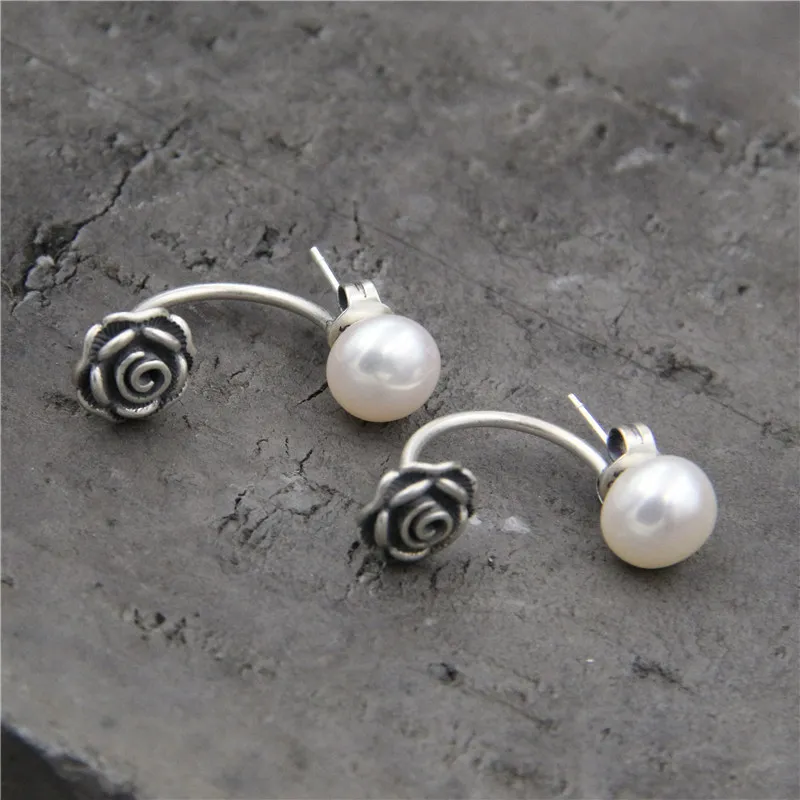 

High Quality 925 Sterling Silver Pearl and Rose Drop Earrings Elegant Style For Women as the Gift