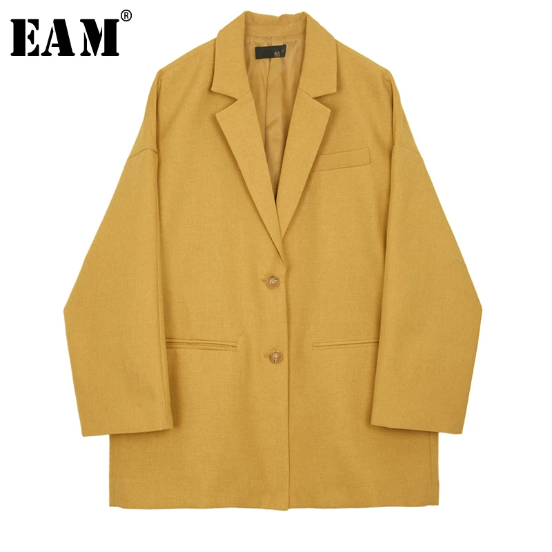 

[EAM] 2019 New Autumn Winter Lapel Long Sleeve Yellow Brief Loose Temperament Big Size Jacket Women Coat Fashion Tide JX448