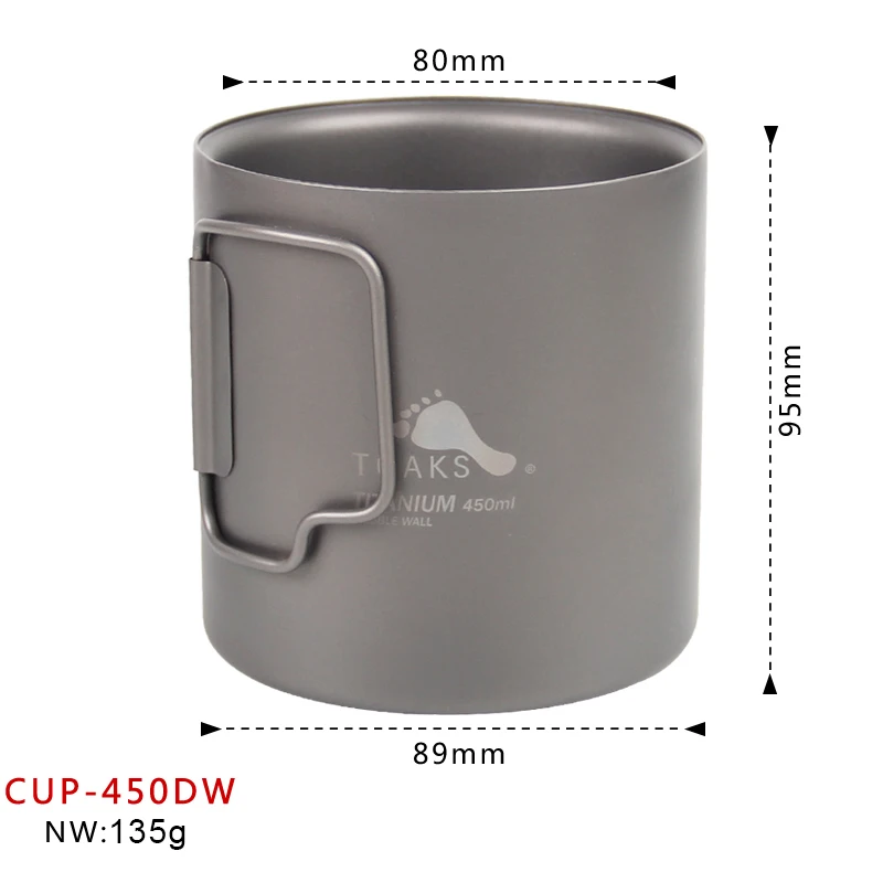 TOAKS Camping al aire libre de doble pared de 450 ml copa de plegado de titanio tazas de café CUP-450-DW