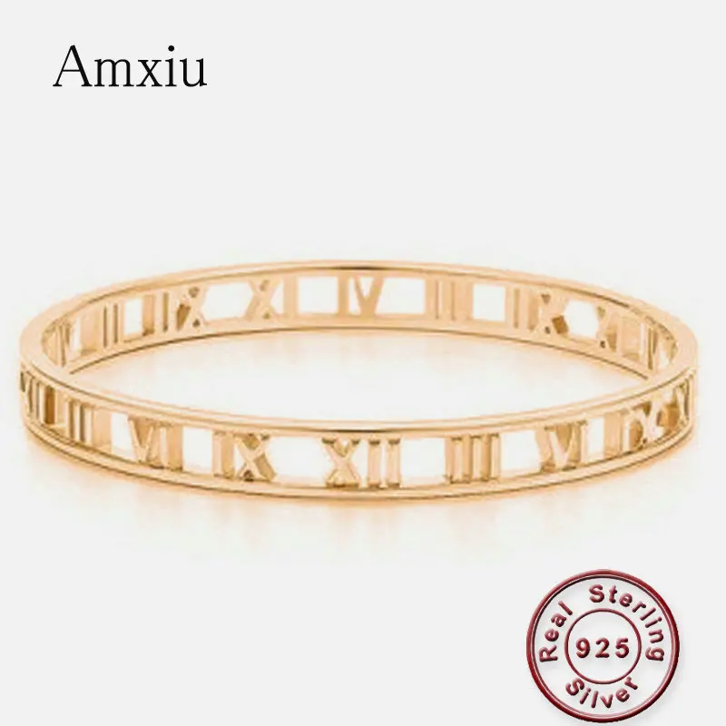 

Amxiu Handmade 100% 925 Sterling Silver Bangle Customize Roman Numerals Bangles Wide Bracelet Bangle For Women Men Accessories