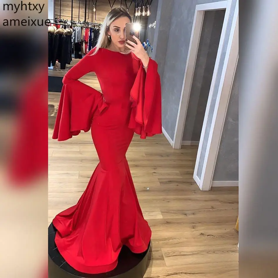 

Red Long Sleeves Simple Cheap Satin Formal 2019 Evening Dresses Plus Size Custom High Quality Special Event Gowns Dress Elegant
