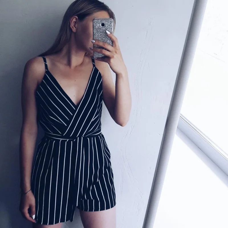 

OL Style Slim Romper Women Jumpsuits Casual Vertical Striped Summer Playsuit Sexy V Neck Belted Romper overalls Bodysuit