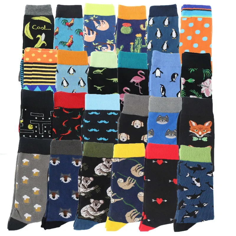 Модные подарки, мужские счастливые носки в стиле хип-хоп, Harajuku, пингвин, динозавр, ленивые теплые носки, Компрессионные носки, большие размеры, мужские подарочные носки