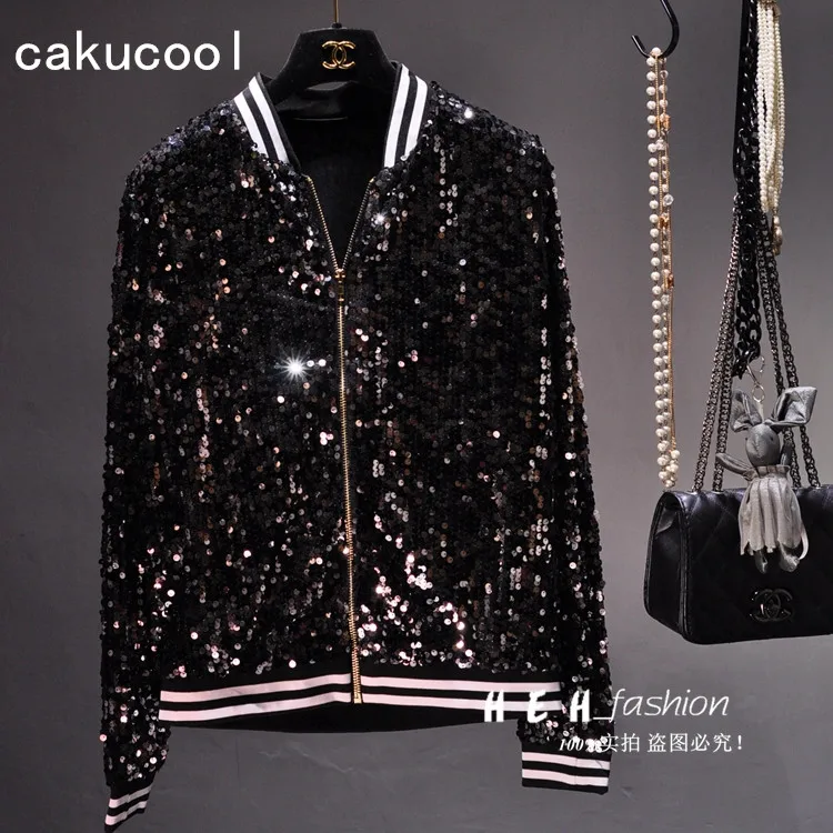 

Cakucool Women Sequined Long Sleeve Bomber Jacket Spring All Beading Black Baseball Jackets Coats Bling Casual Outerwear Female