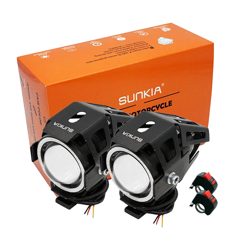 

SUNKIA 2Pcs/Lot with Switch High Power U7 Motorcycle Projector Headlight 3000LM Motorbike Head Fog Lamp Angle Eyes + Devil Eyes