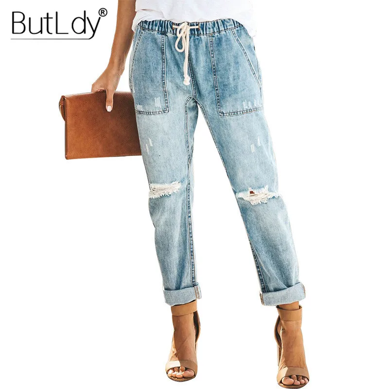 

Distressed Knee Ripped Long Jeans Women Summer 2019 Holes Loose Trouser Jeans Drawstring Elastic Waist Pockets Denim Jeans Pants