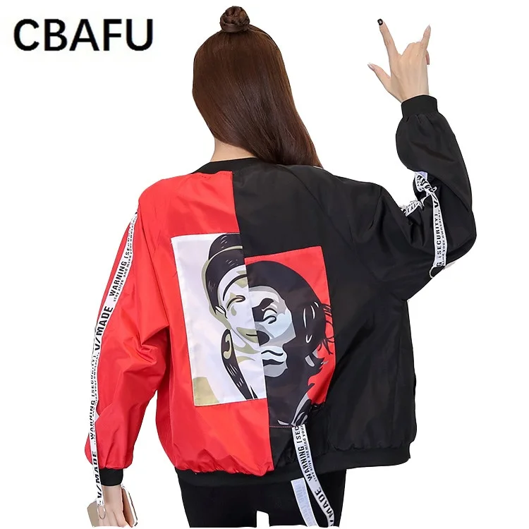 CBAFU punk kpop letter print appliques contrast bomber jacket color