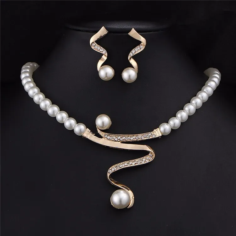 17KM Vintage Simulated Pearl Jewelry Sets For Women Wedding Bridal Crystal Necklace Earrings Gold Color Bracelet African Set 35
