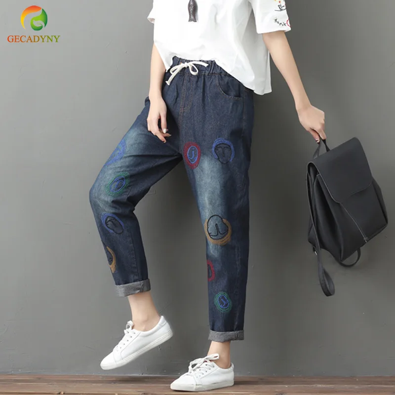 

2019 Jeans Women Casual Denim Ankle-Length Pants Women Facebook Embroidery Pants Casual Elastic Waist Harem Pants Female