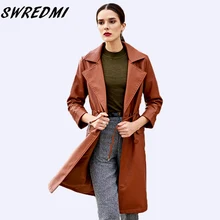 SWREDMI осенний и зимний женский коричневый кожаный Тренч с рукавом три четверти дамское кожаное пальто женская уличная замша