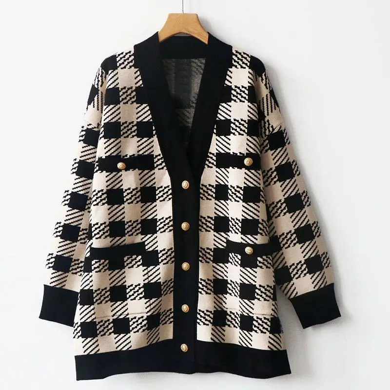 

2019 Autumn Winter New Women's Sweater V-neck Plaid Fashionable Women Knitting Cardigan Coat