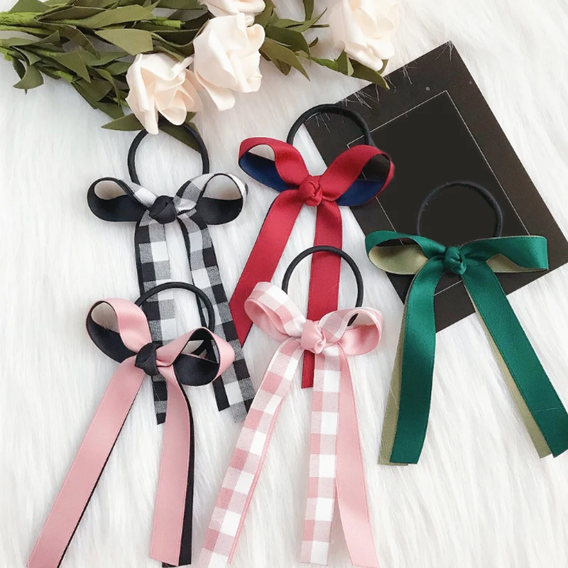 

Ponytail Sweet Girls Korean ribbon Hair Rope 1PC Hair Accessories bowknot Women grid Elastic Hair Bands Fashion