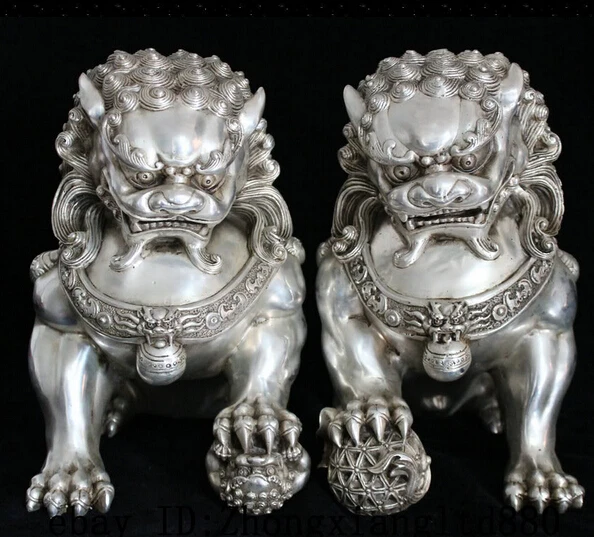 

JP S0524 11" Lucky Chinese Silver Home Fengshui Guardion Lion Foo Fu Dog Statue Pair