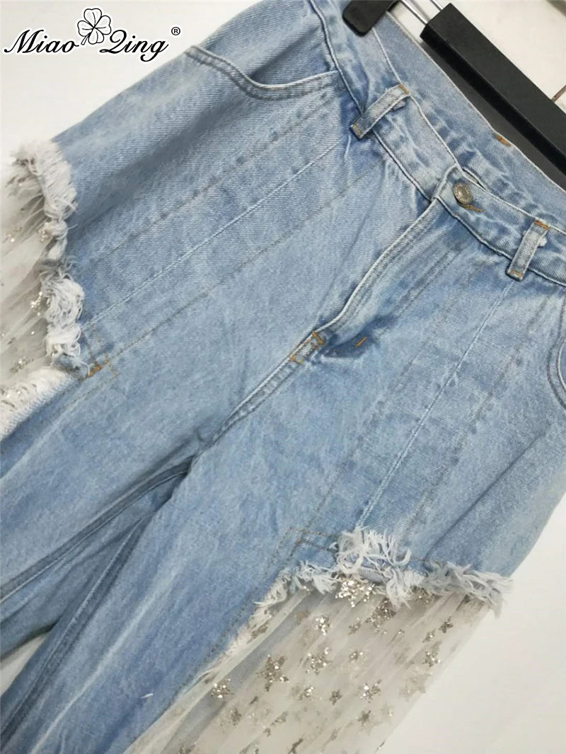 MIAOQING 2018 осенняя одежда Для женщин джинсы модные пикантные прозрачные лоскутное сетчатой звездой джинсовые свободные штаны женские рваные