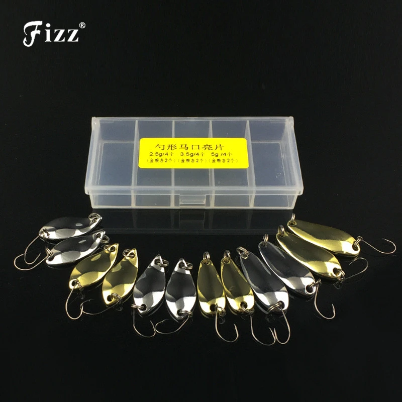 12pcsbox Metal Spoon Lure Sequin Silver Golden Spoon Jig Hook Fishing