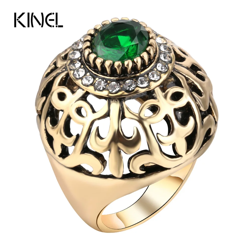 

Kinel Dubai Gold Big Antique Ring Fashion Women Vintage Jewelry Hollow Crystal Flower Green Resin Wedding Engagement Ring