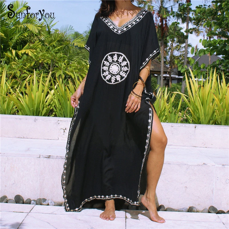 

Plus size Cotton Beach Cover up Embroidery Beach Sarong Pareo Tunic for Beach Robe de Plage Swimsuit Cover up Saida de Banho
