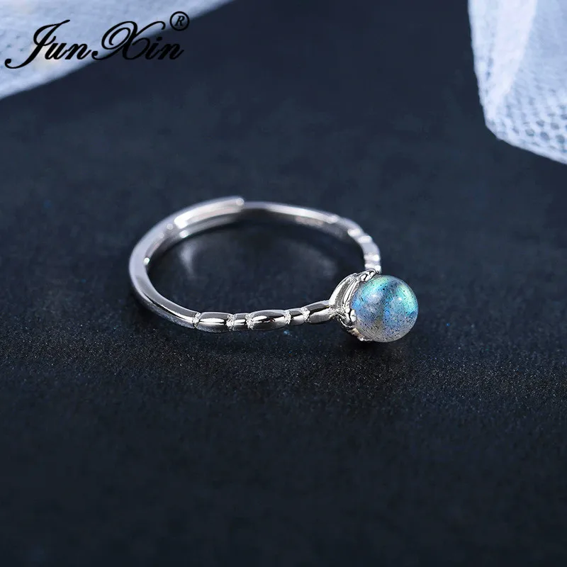 JUNXIN Mystic Moonstone Rings For Women 925 Sterling Silver Round Crystal Open Thin Wedding Ring Female Adjustable Ring Jewelry