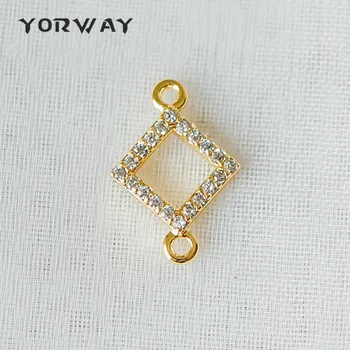 

10pcs/lot Micro Pave Gold Rhombus Connector 12mm, Cubic Zirconia Geometric Pendants, Gold plated Brass Square Charms(GB-289)